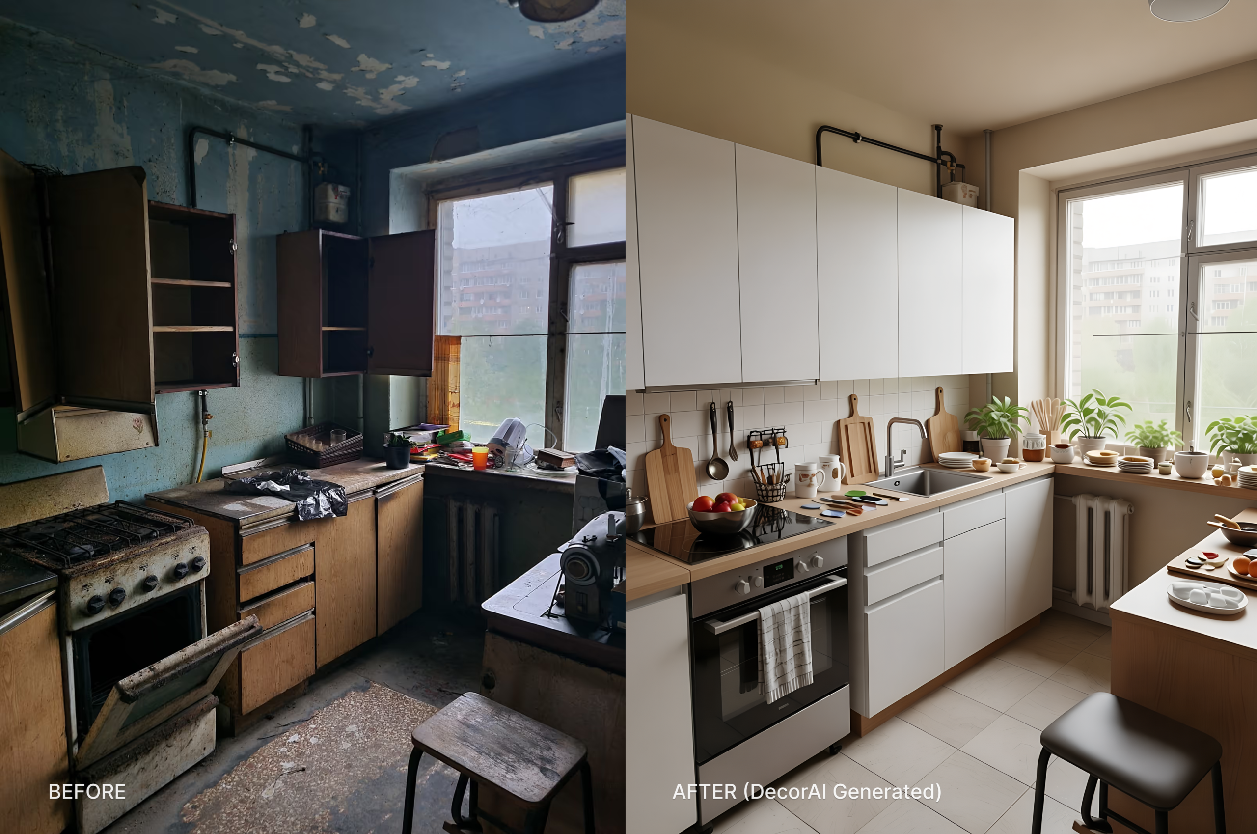 Before: A dated kitchen on the left. After: A stunning warm modern redesign on the right, generated with DecorAI's AI Kitchen design tool from the same photo.