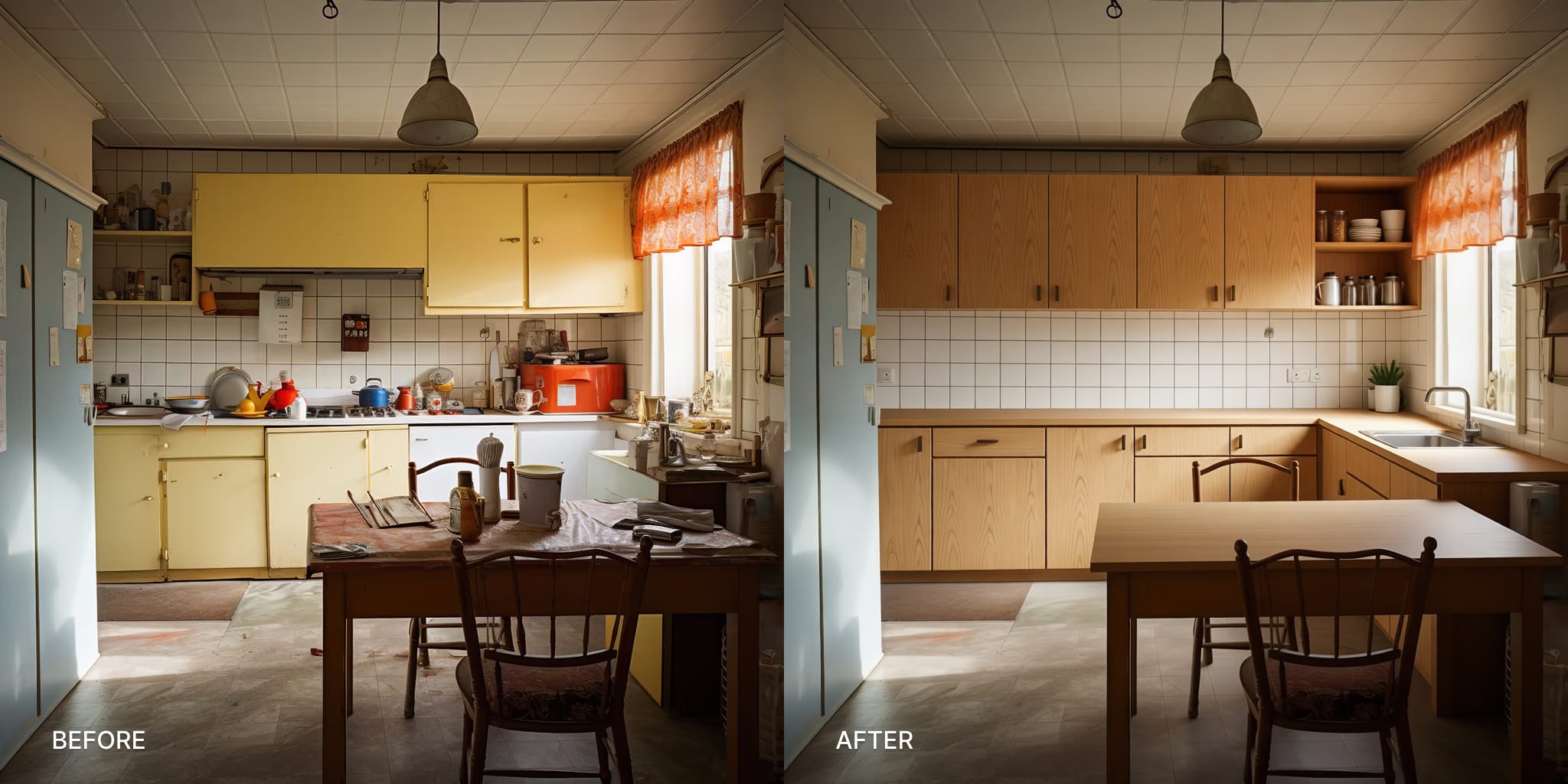 Before: dark, cluttered small kitchen with appliances on every counter and low upper cabinets. After: the same space with light oak flat-panel cabinets, cleared counters, and one section of open shelving as an accent. Transformed with AI using DecorAI