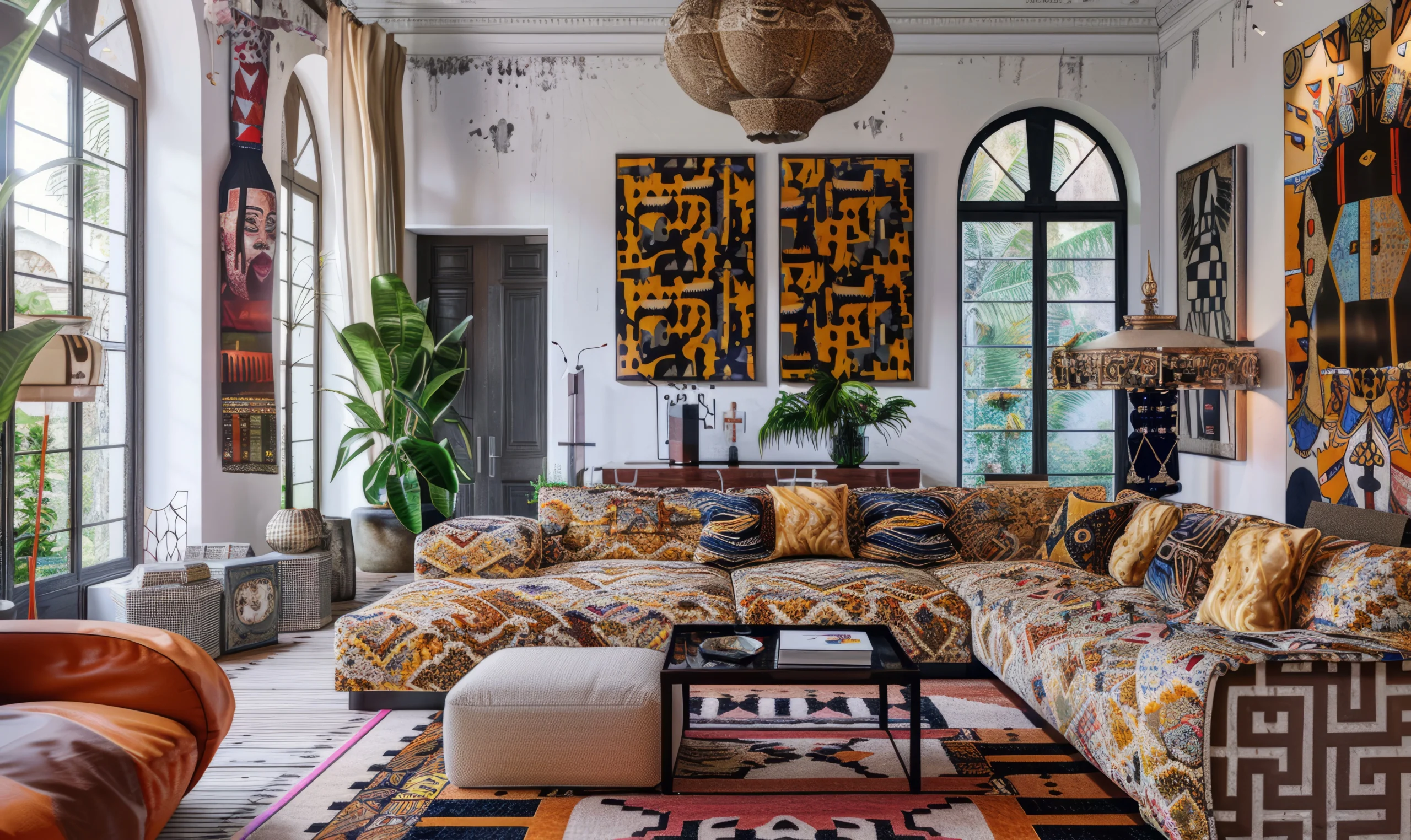 AI-generated Eclectic living room with bold patterned sectional sofa, global art collection, and arched windows