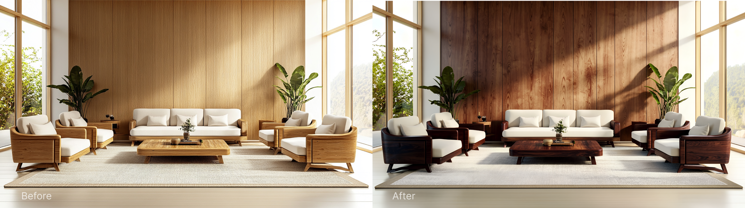 Before and after AI living room redesign showing light oak furniture and wall panels transformed into dark walnut tones