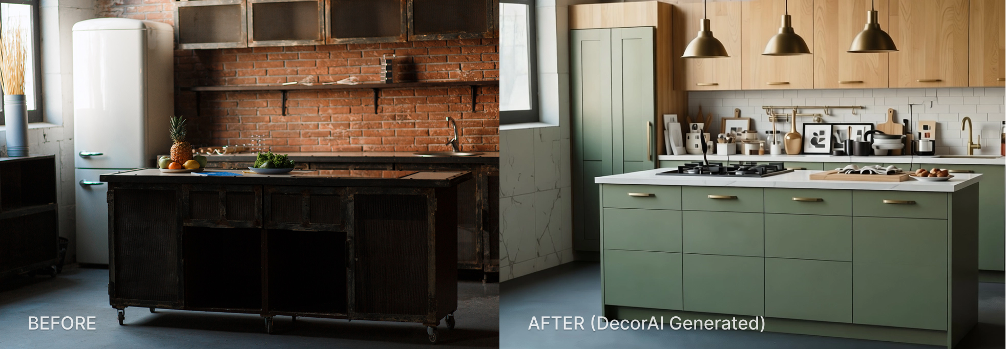 Before: An original kitchen photo showing a dated layout with old cabinets and worn surfaces. AFTER: the same kitchen redesigned flat-panel sage lower cabinets, natural oak uppers, white quartz countertop, brushed brass hardware, and pendant lighting. Generated with DecorAI