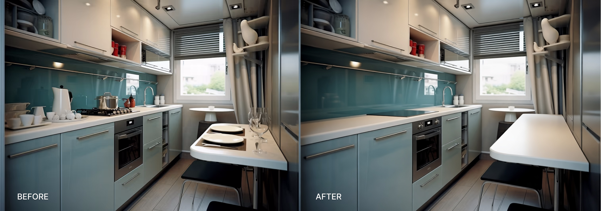 AI-generated: Before: kitchen with messy counters. After: same kitchen with clear counters