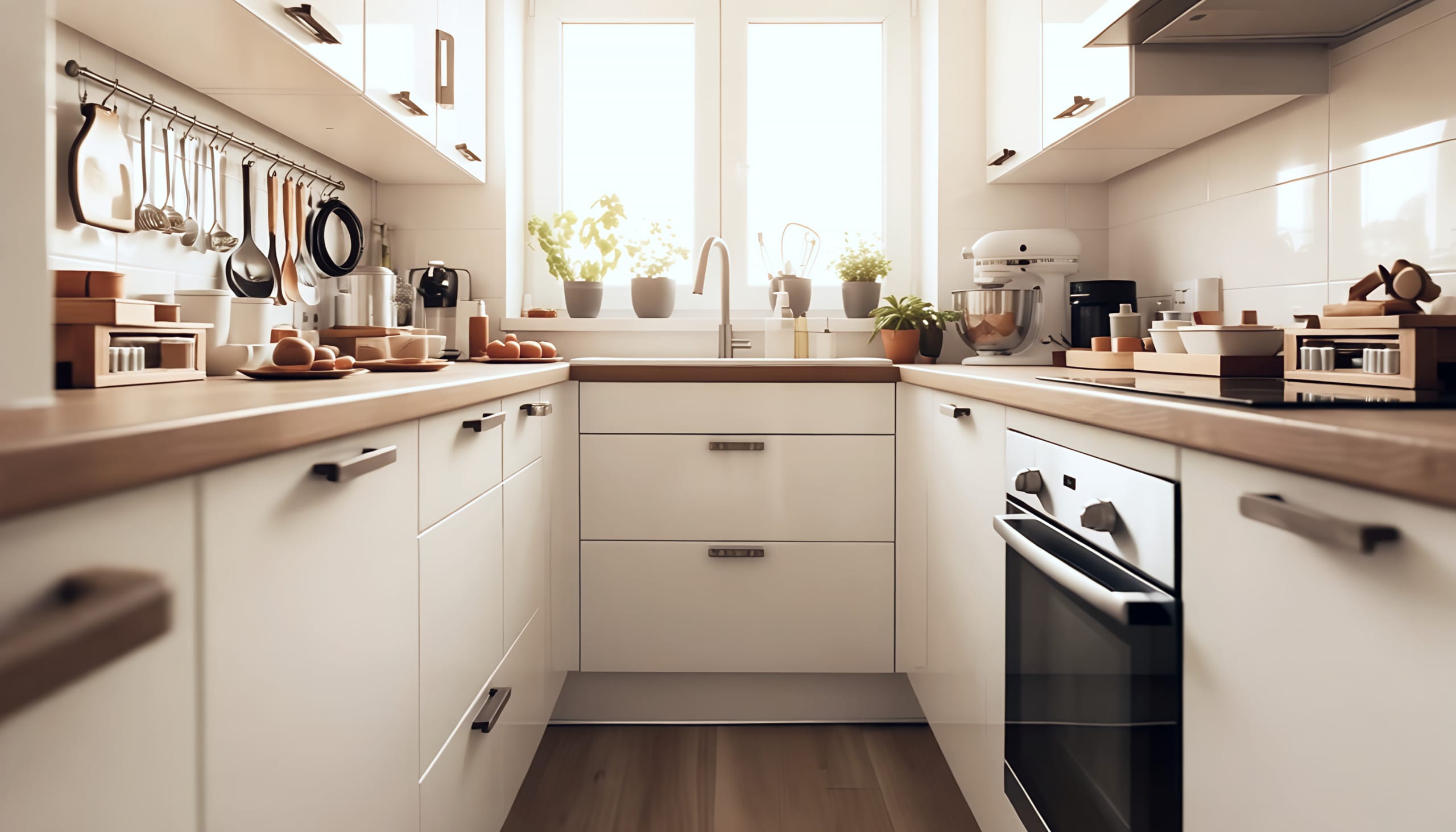 AI-generated: U shaped small kitchen with wood counter top and white counters, overhead cabinets, natural light entering through window