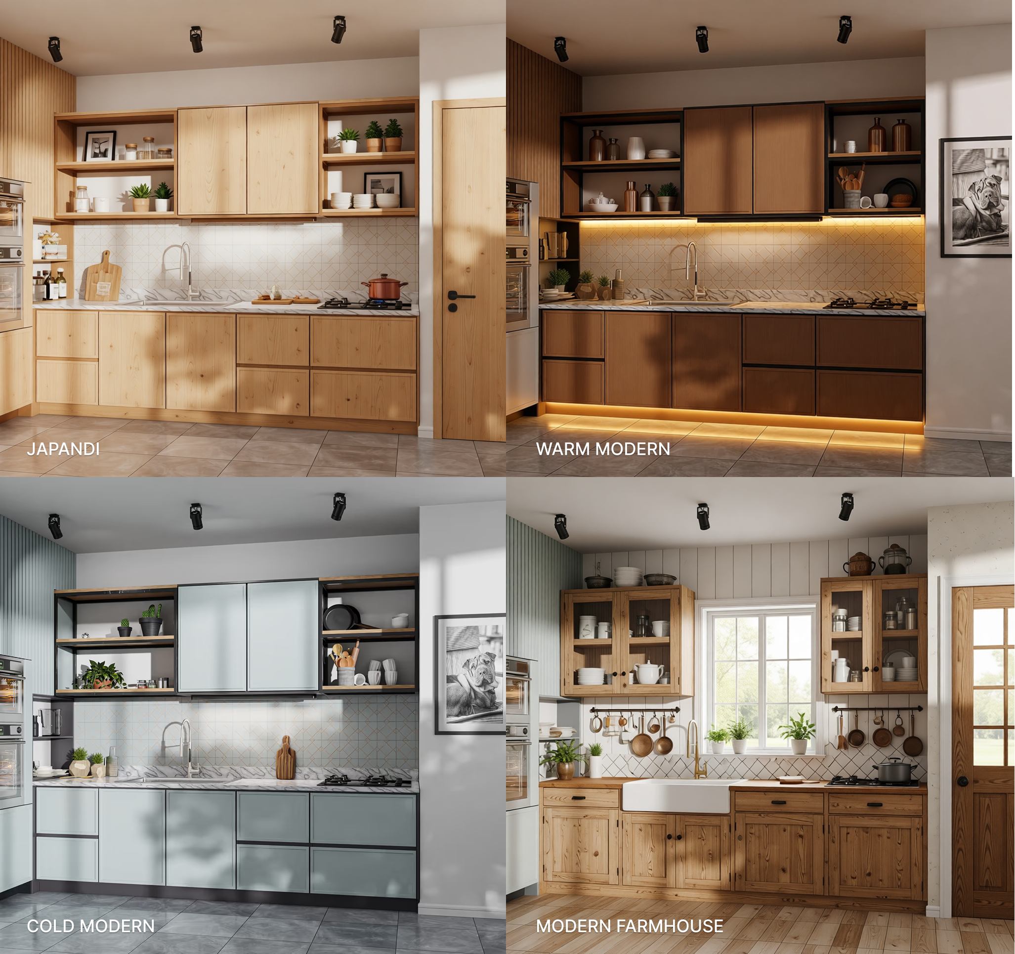 Same kitchen in 4 different styles. Top-left: Japandi, Top-right: Warm Modern, Bottom-left: Cold Modern, bottom-right: Modern Farmhouse. AI-generated using DecorAI