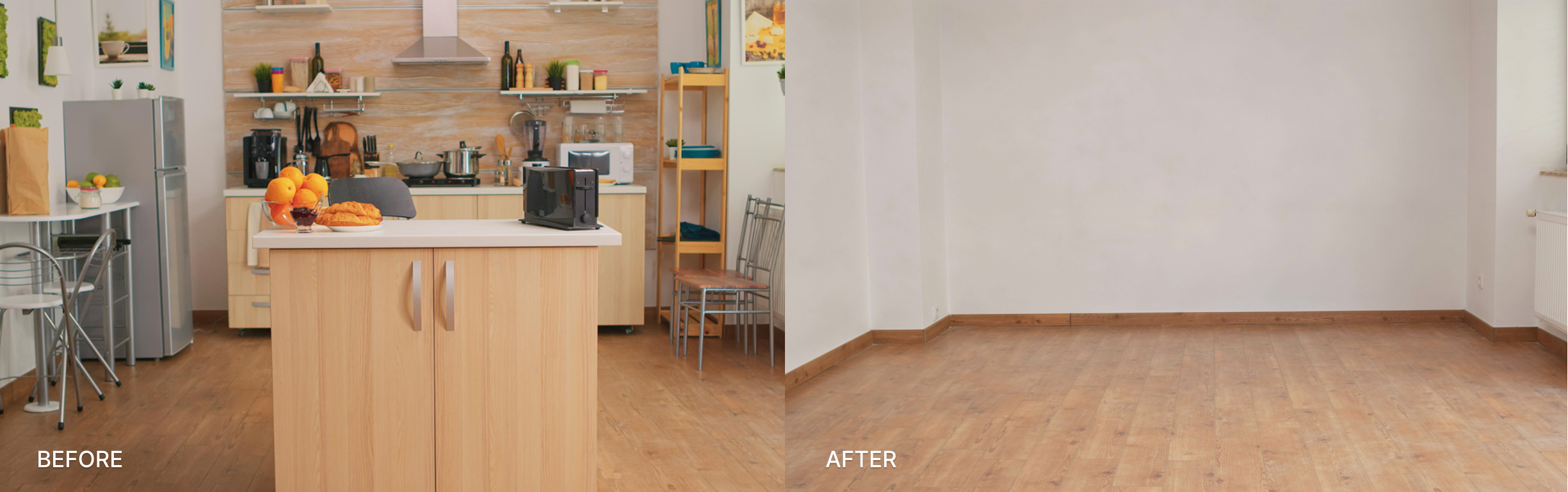Before: A kitchen with dated cabinets, old appliances, table, chair. AFTER: the same space processed through DecorAI's Empty Room tool, showing a clean, bare room with walls, floor, and all kitchen elements removed. AI-generated with DecorAI.