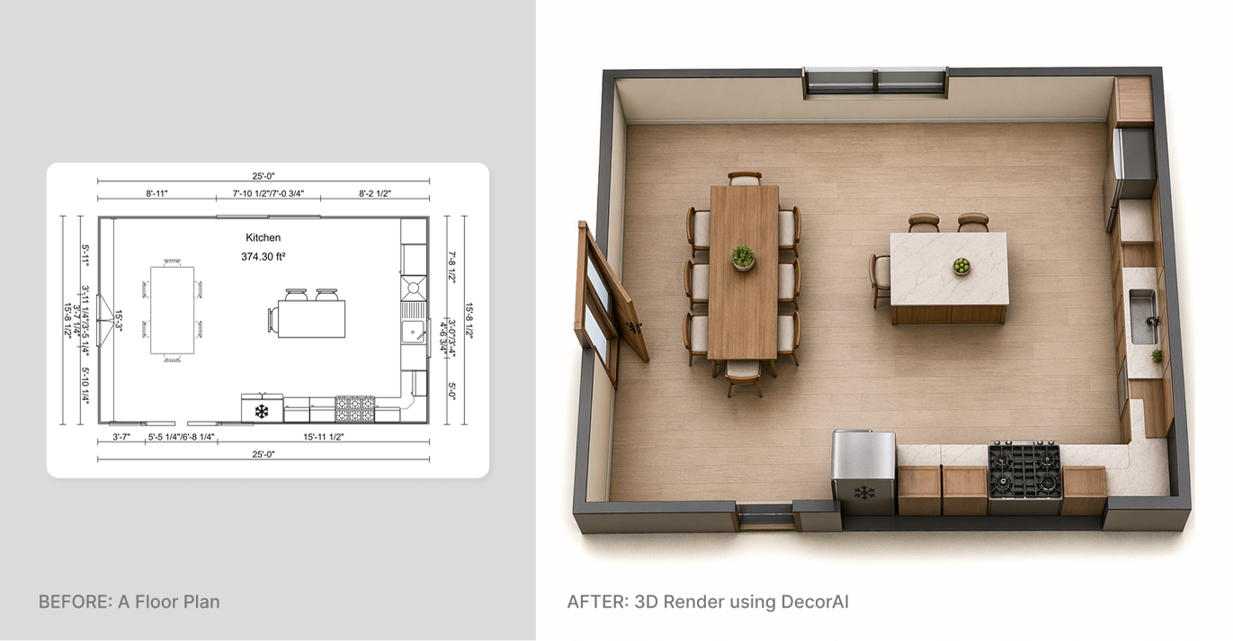 BEFORE: A simple floor plan drawing of a kitchen layout showing dimensions and placement of key elements. AFTER: the same floor plan converted into a photorealistic 3D kitchen visualization by DecorAI's Floor Plan to 3D tool