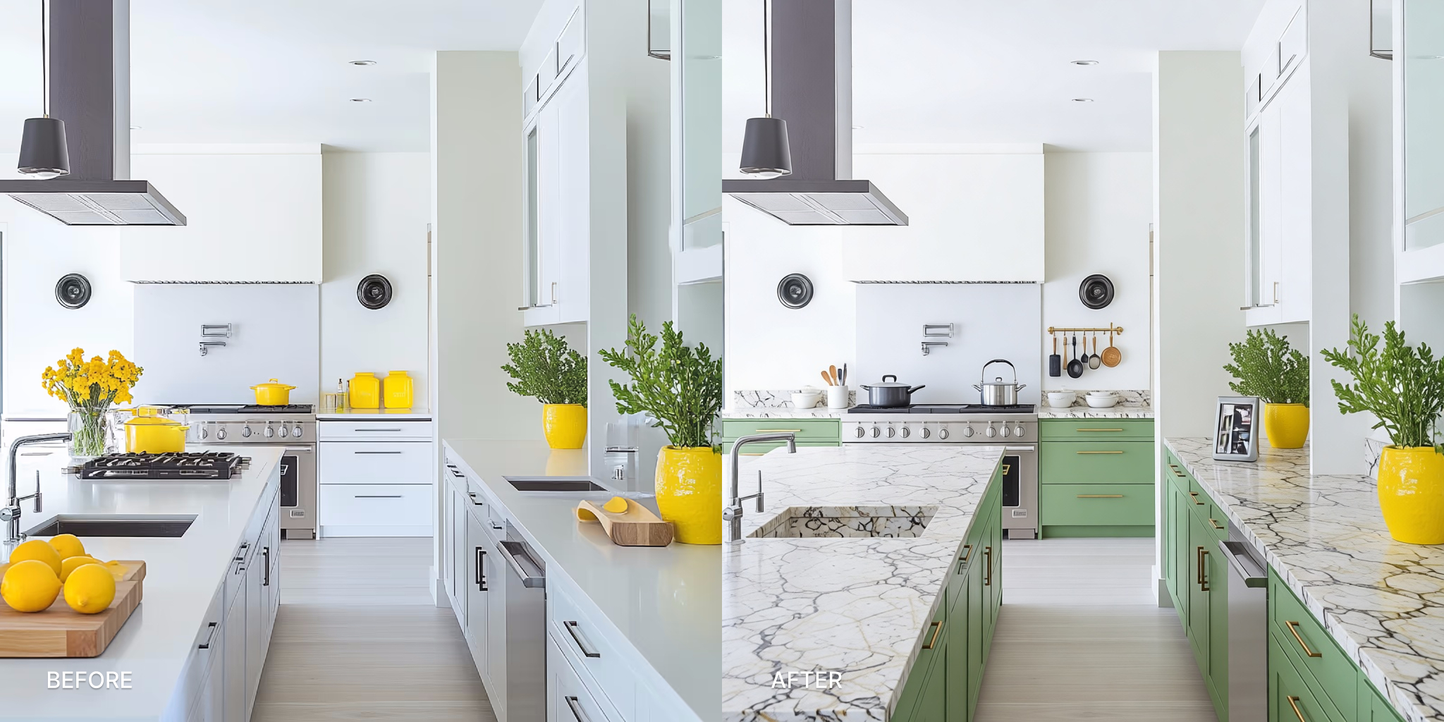 BEFORE: a small kitchen with all-white cabinets throughout, flat and uniform. AFTER: the same kitchen with sage green lower cabinets and white uppers, natural stone countertop. AI-generated with DecorAI.