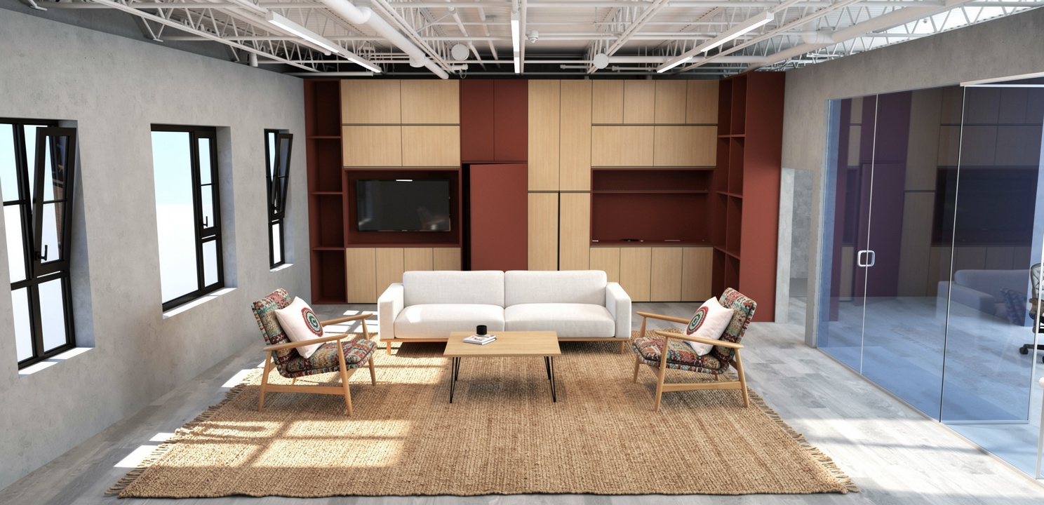 A contemporary living room with neutral tones, featuring a white sofa, patterned armchairs, wooden coffee table, large woven rug, and built-in cabinetry with burgundy accents.