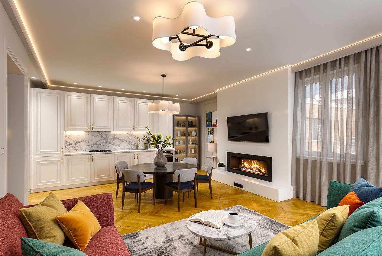 Contemporary living room with open kitchen, white cabinetry, marble backsplash, round dining table, colorful sofas, modern fireplace, and warm ambient lighting.