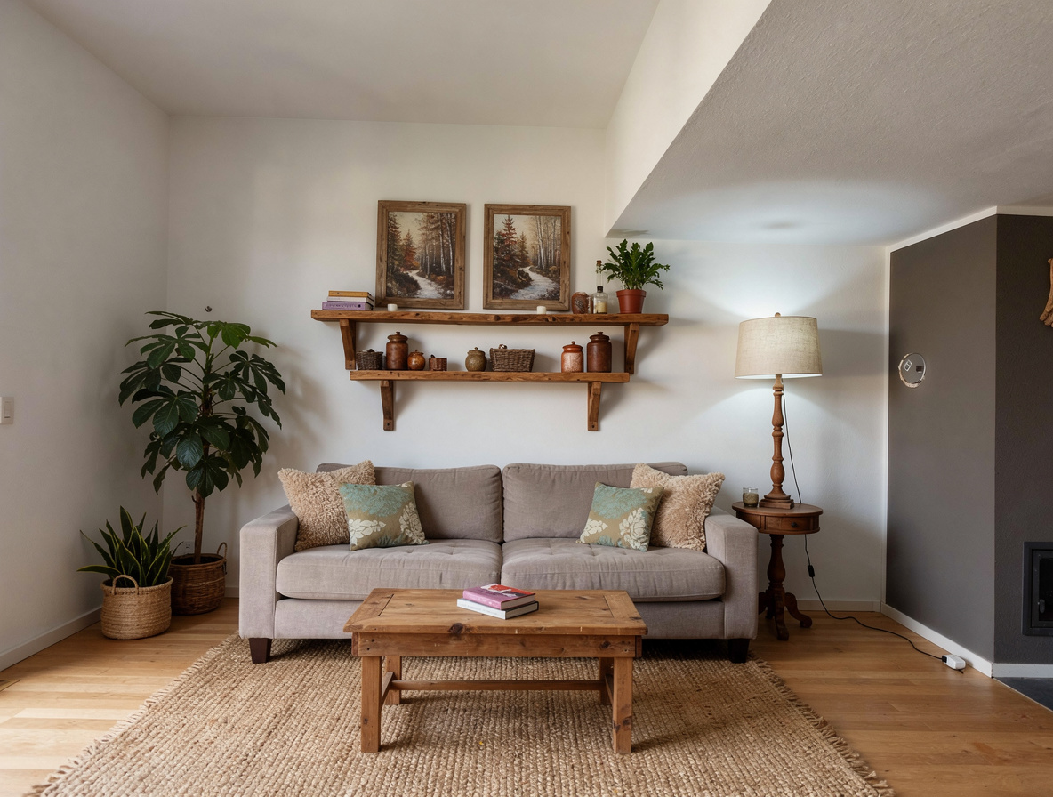 A rustic living room with beige sofa, wooden coffee table, natural fiber rug, potted plants, wooden shelves with pottery, warm neutral tones, cozy and inviting atmosphere.