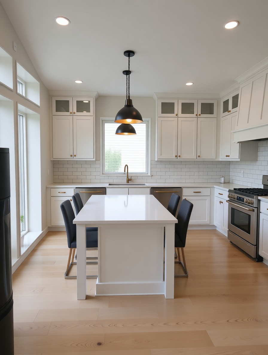 A Contemporary kitchen with dining, white cabinetry, subway tile backsplash, light wood flooring, black pendant lights, stainless steel appliances, and a bright, clean atmosphere.