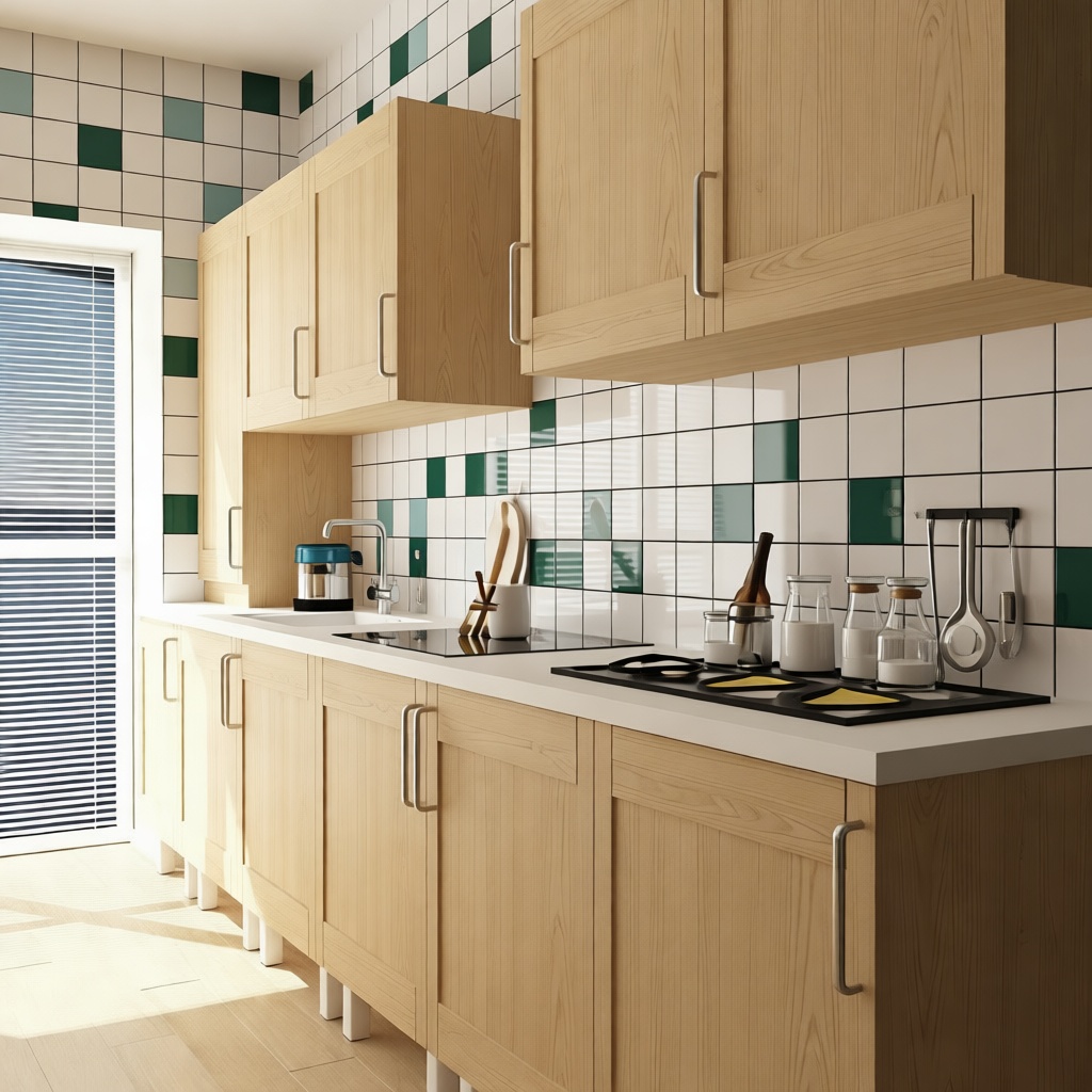 Modern kitchen with light wood cabinetry, white countertops, green and white tiled backsplash, sleek stovetop, and natural light creating a bright, airy atmosphere.
