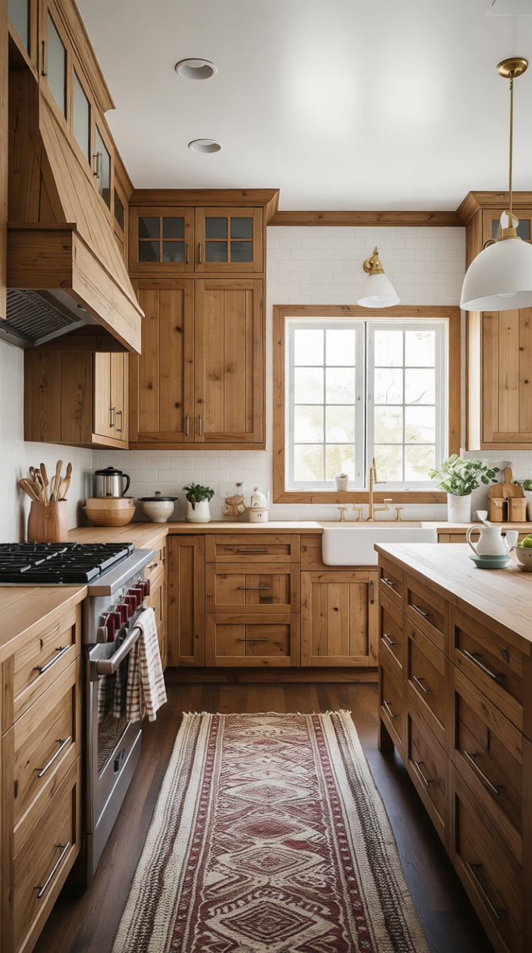 Rustic kitchen with warm wood cabinetry, white subway tile backsplash, farmhouse sink, patterned runner rug, brass fixtures, and natural light creating cozy atmosphere.