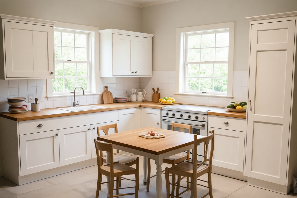 A bright modern farmhouse kitchen with white cabinetry, wooden countertops, a central wooden table with four chairs, natural light from two windows, and a warm, inviting atmosphere.