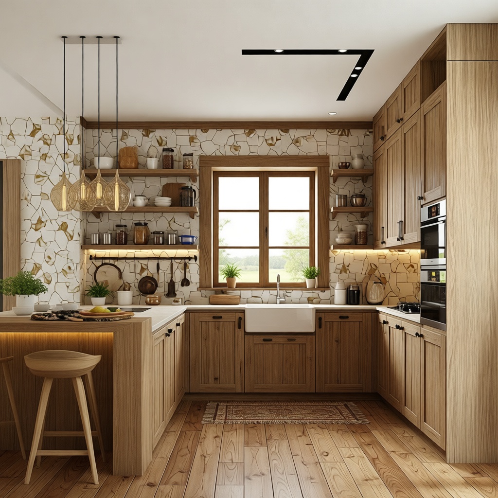 A rustic kitchen with warm wooden cabinetry, stone-patterned backsplash, farmhouse sink under window, open shelves with jars, pendant lights, and natural wood flooring.