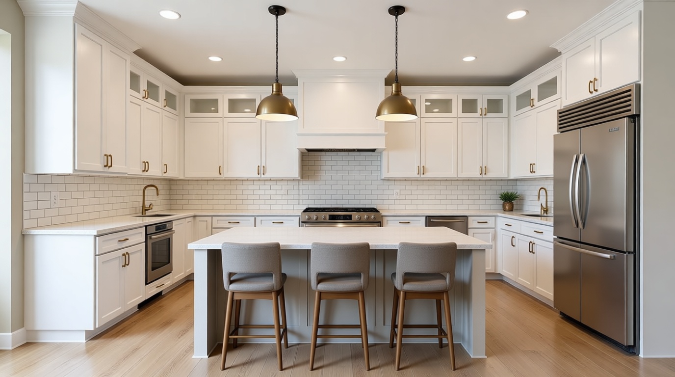 A modern kitchen with white shaker cabinets, subway tile backsplash, brass fixtures, stainless steel appliances, large island with gray stools, warm wood flooring, and soft pendant lighting.