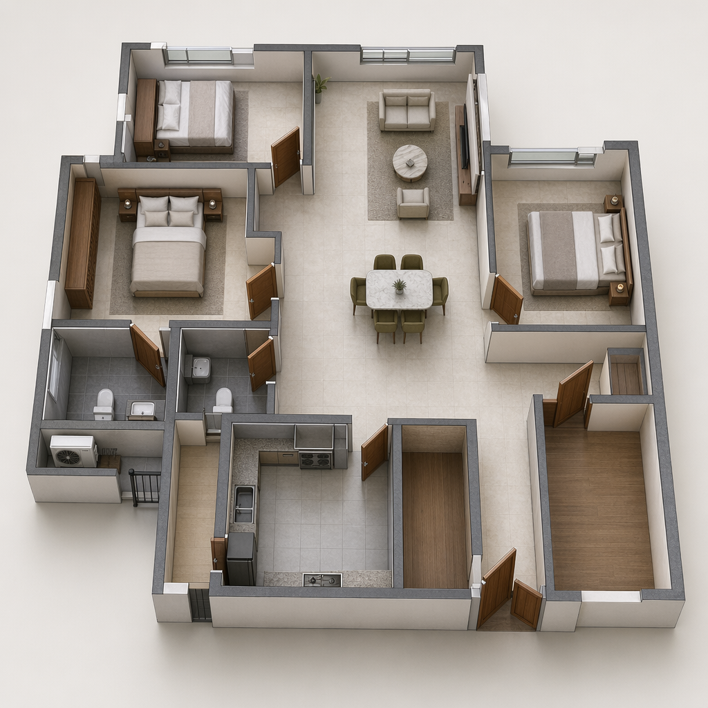 A 3D top-down apartment floor plan showing bedrooms, bathrooms, kitchen, open living and dining area, large terrace, furniture placement, doors, windows, and tiled flooring.