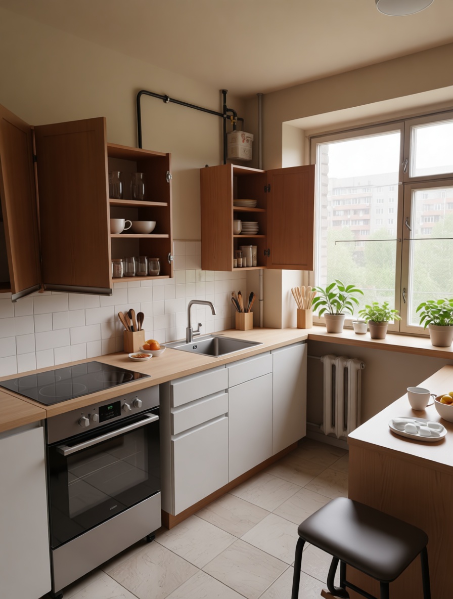 A contemporary kitchen with light wood countertops, white cabinets, open wooden upper cupboards, stainless steel oven, large window, potted plants, and neutral warm atmosphere.