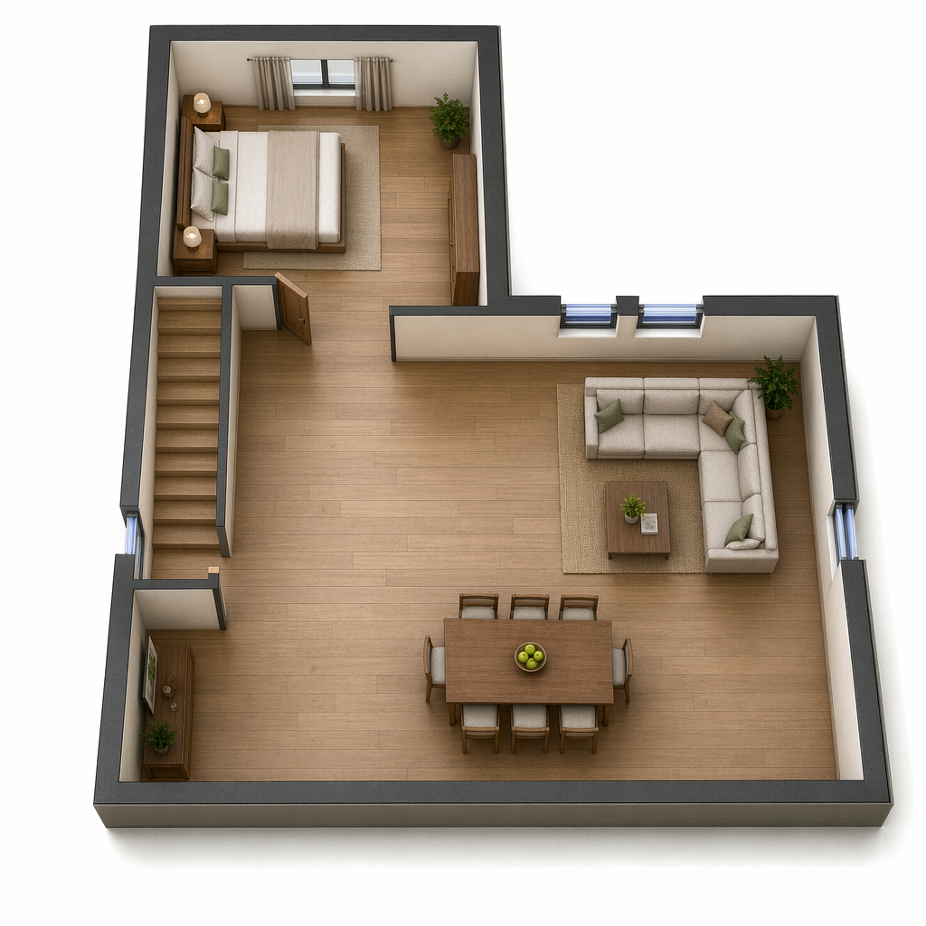 A 3D floor plan rendering of a small apartment layout with a bedroom, open living and dining area, staircase, sectional sofa, dining table, wood flooring, and simple furniture placement.
