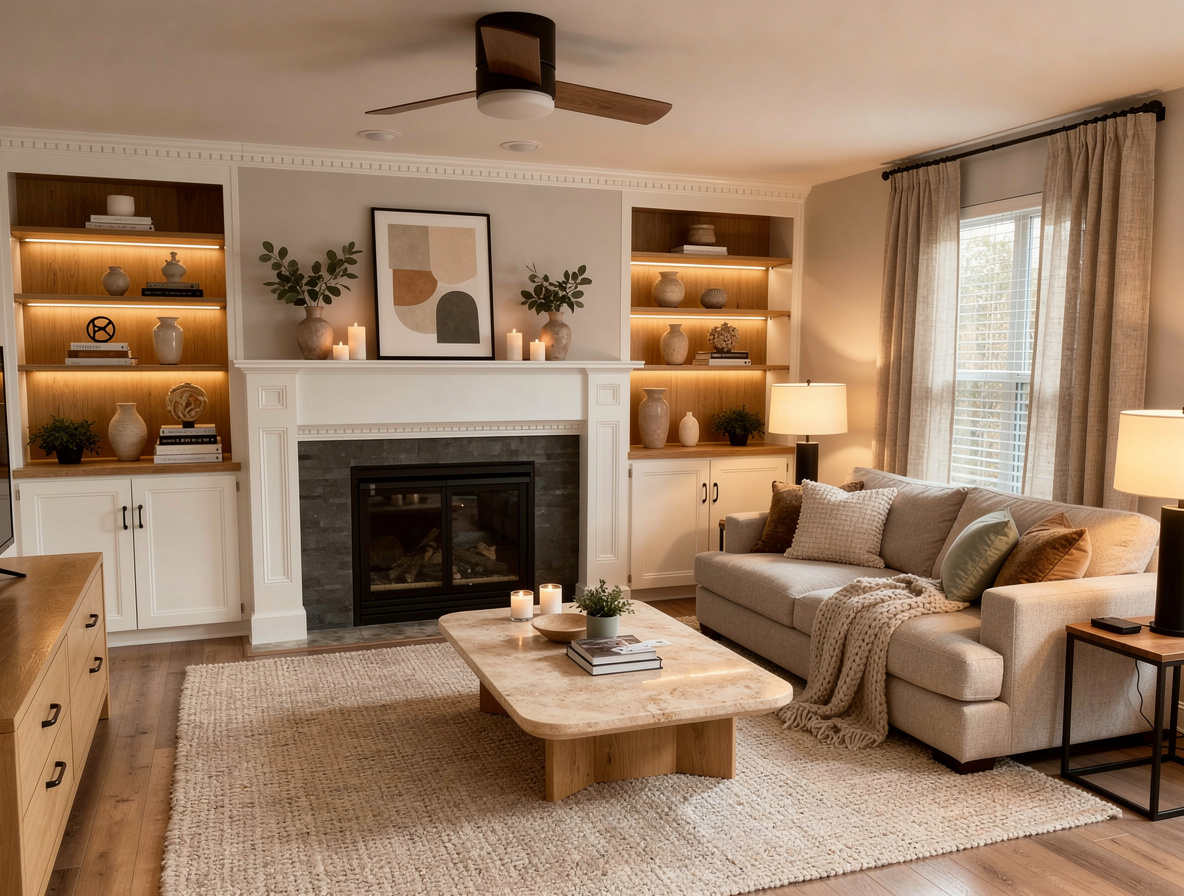 Contemporary living room featuring neutral beige tones, a cozy sofa with textured pillows, wooden coffee table, built-in shelves with decor, and warm ambient lighting.
