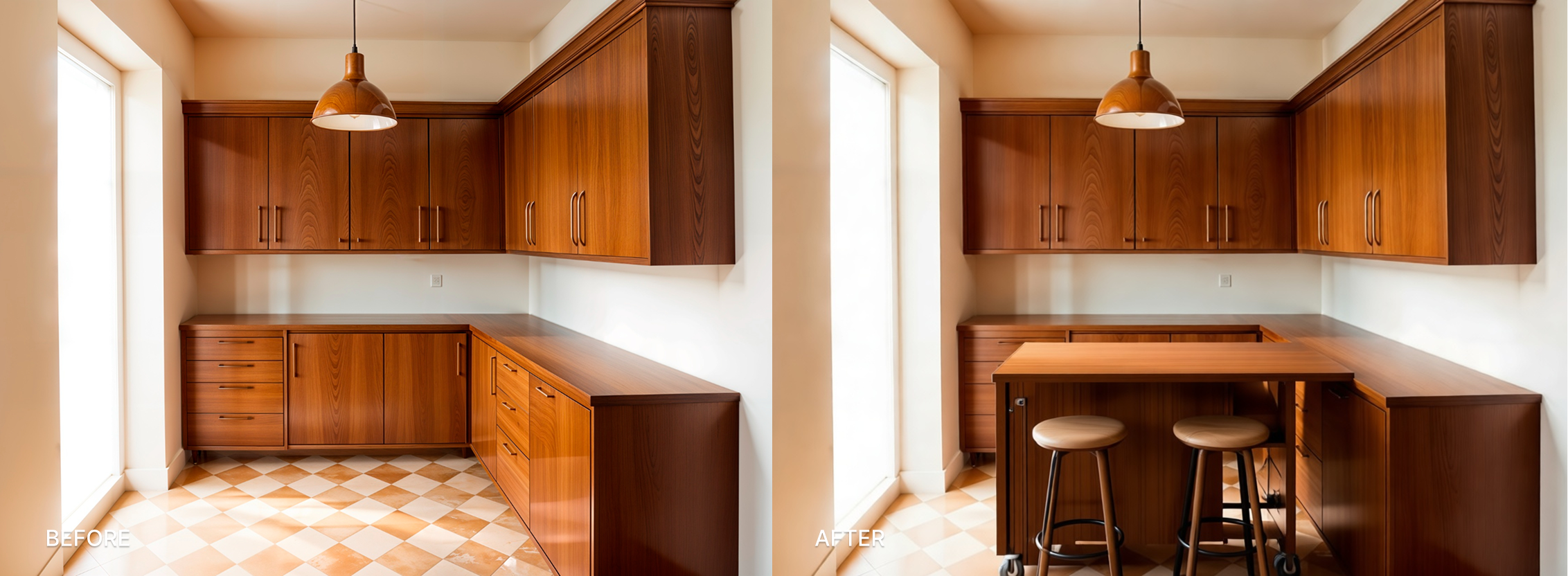 BEFORE: a small L-shaped kitchen with limited counter space and no island. AFTER: the same kitchen with a slim rolling island added, matching the lower cabinet color, with one side offering two bar stool positions. AI-generated with DecorAI