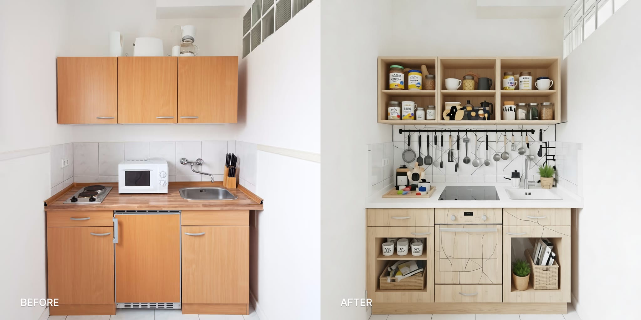 Before: a plain, unstyled small kitchen with no clear aesthetic, mixed hardware, and no visual coherence. AFTER: the same kitchen redesigned in a Japandi direction: light wood flat-panel cabinets, a warm terracotta backsplash tile, matte black hardware, and a clean quartz countertop. AI-transformed with DecorAI
