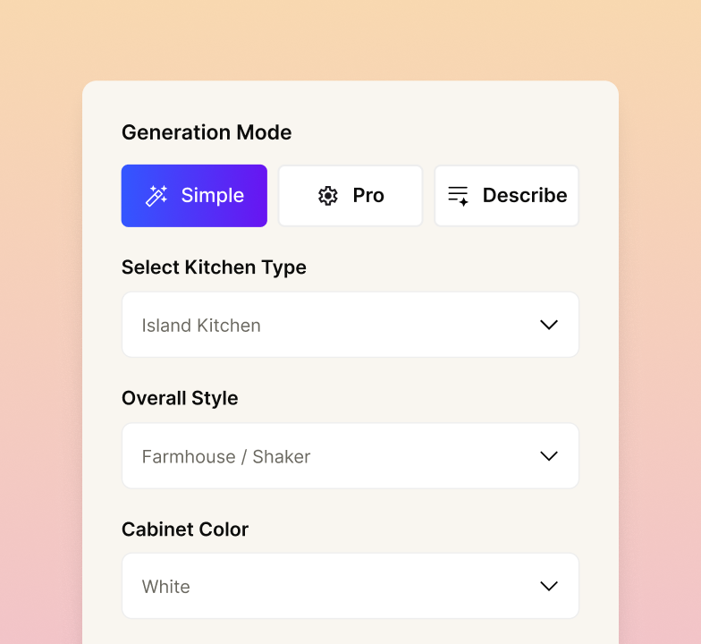 Kitchen redesign settings panel showing generation modes, kitchen type selection, style options, and cabinet color customization.