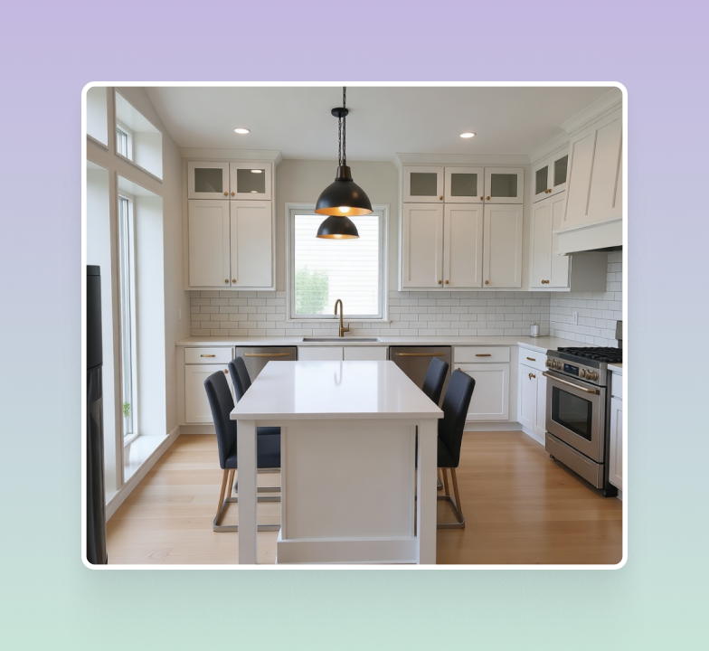 AI generated modern farmhouse kitchen redesign preview with white cabinets, island seating, pendant lighting, and large windows.