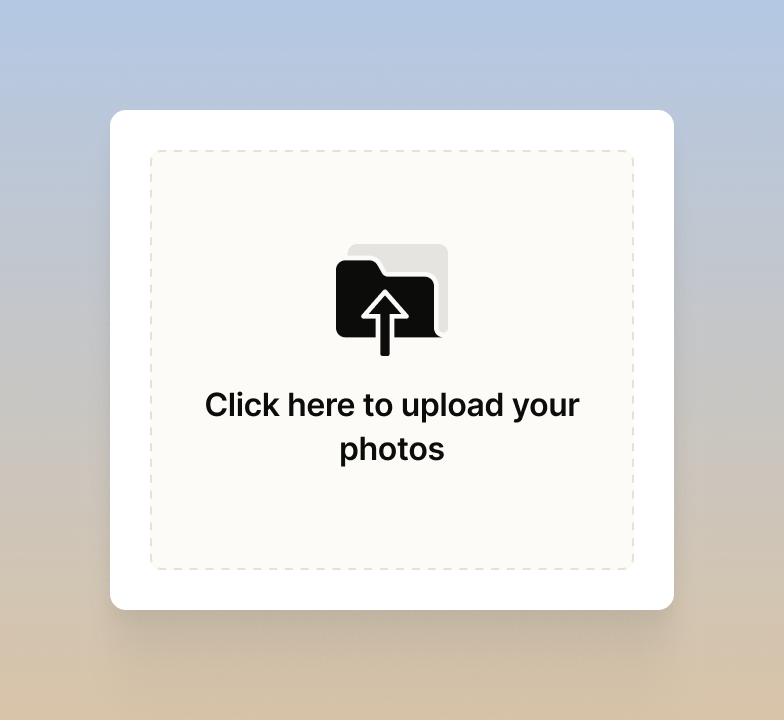 Upload area with a photo upload icon and “Click here to upload your photos” message for starting an AI redesign