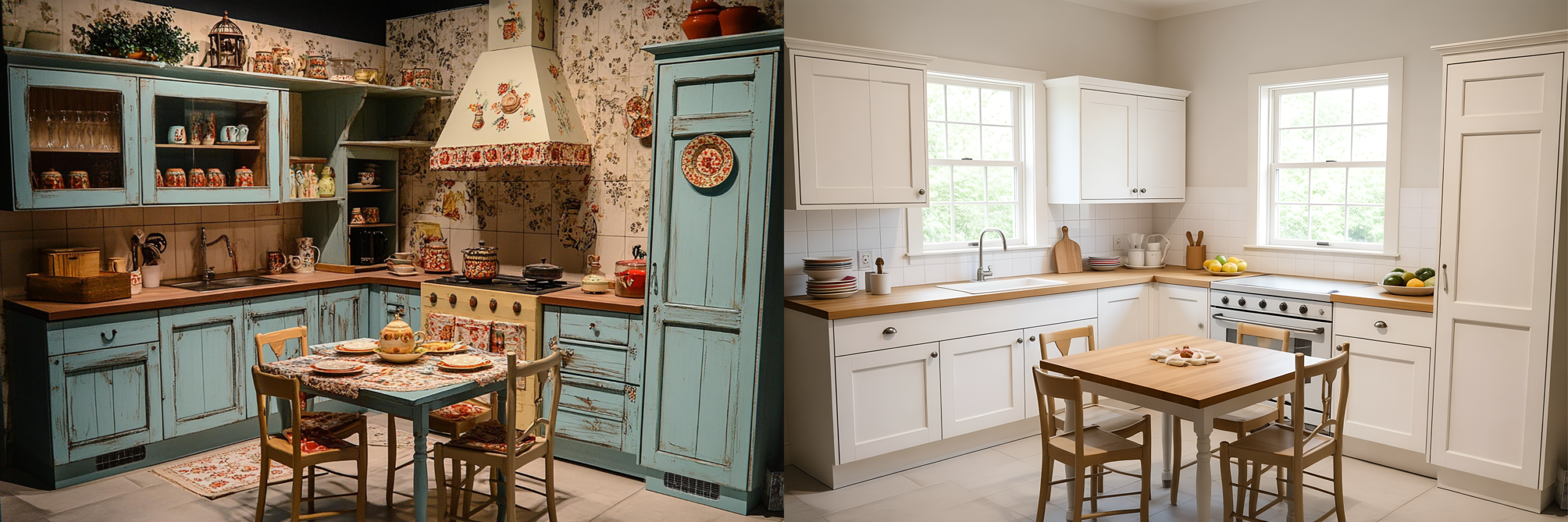 AI-generated: a kitchen that looks specific to a single era (heavy distressed wood, themed hardware, loud backsplash) next to a clean Shaker kitchen with natural stone that reads as neither old nor new