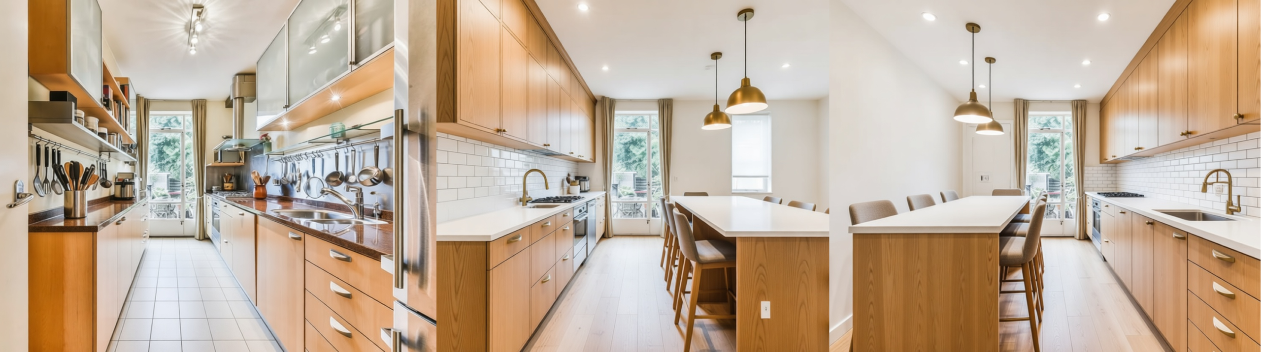 AI-generated: A three-panel comparison showing the same kitchen space redesigned in three classic directions