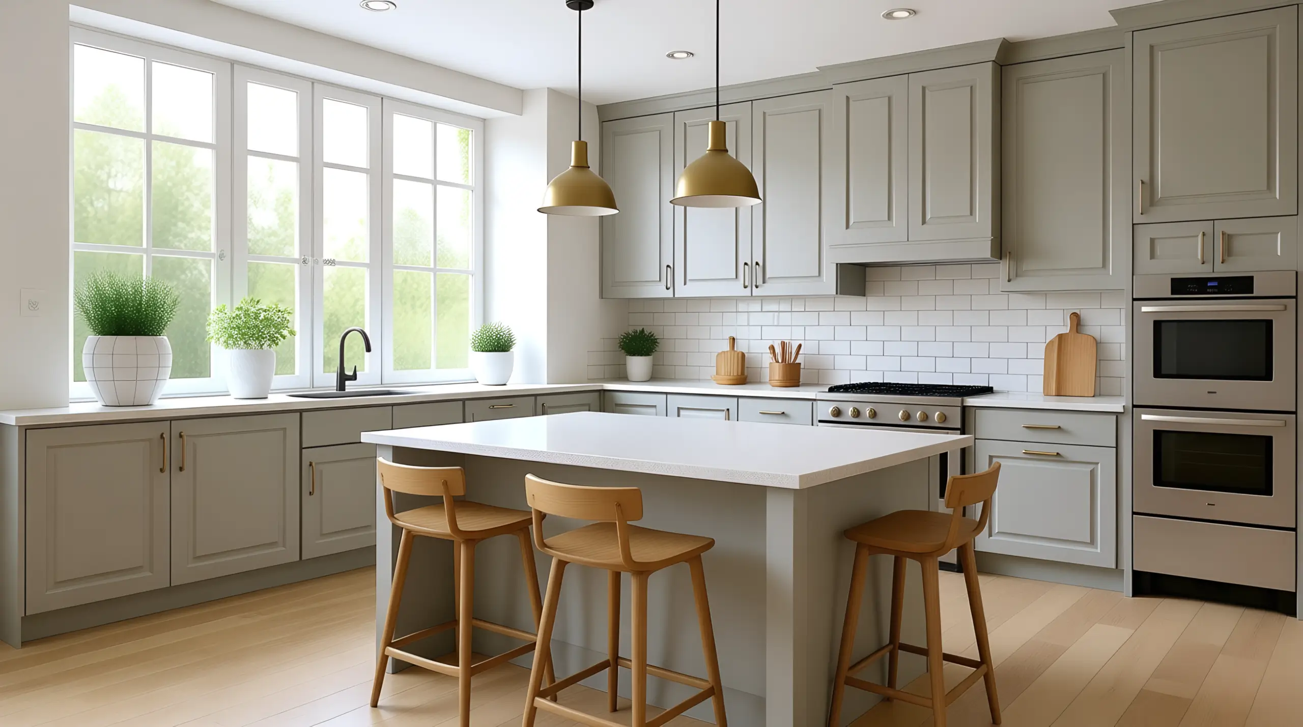 A classic Shaker kitchen with marble countertops with a marble-top island with seating. Integrated appliances. Plants on vase by a large window. AI-generated using DecorAI