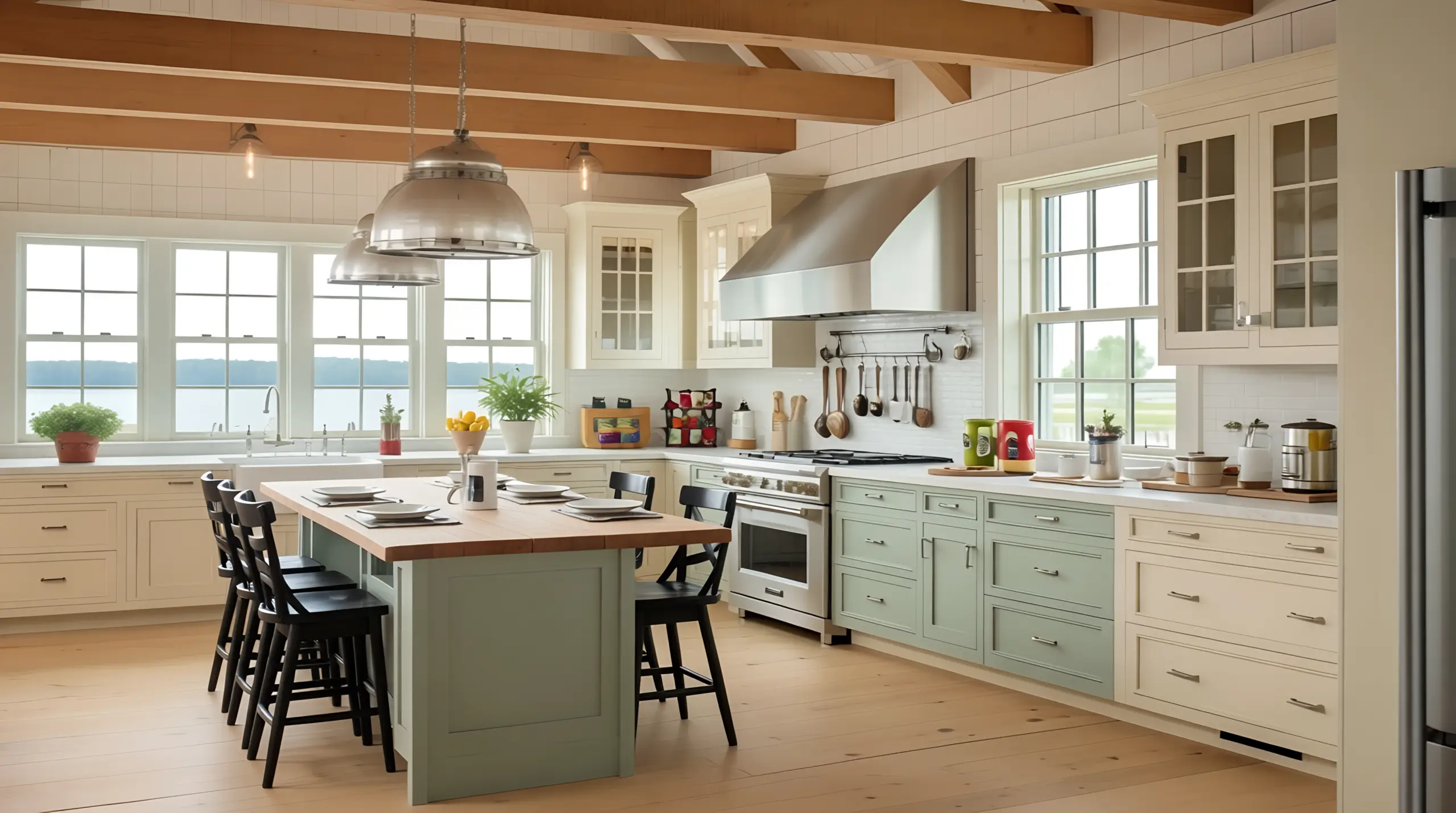 AI-generated Timeless Kitchen Design. A kitchen featuring warm vibe with green and cream cabinets and marble countertop. A wooden island with seating.