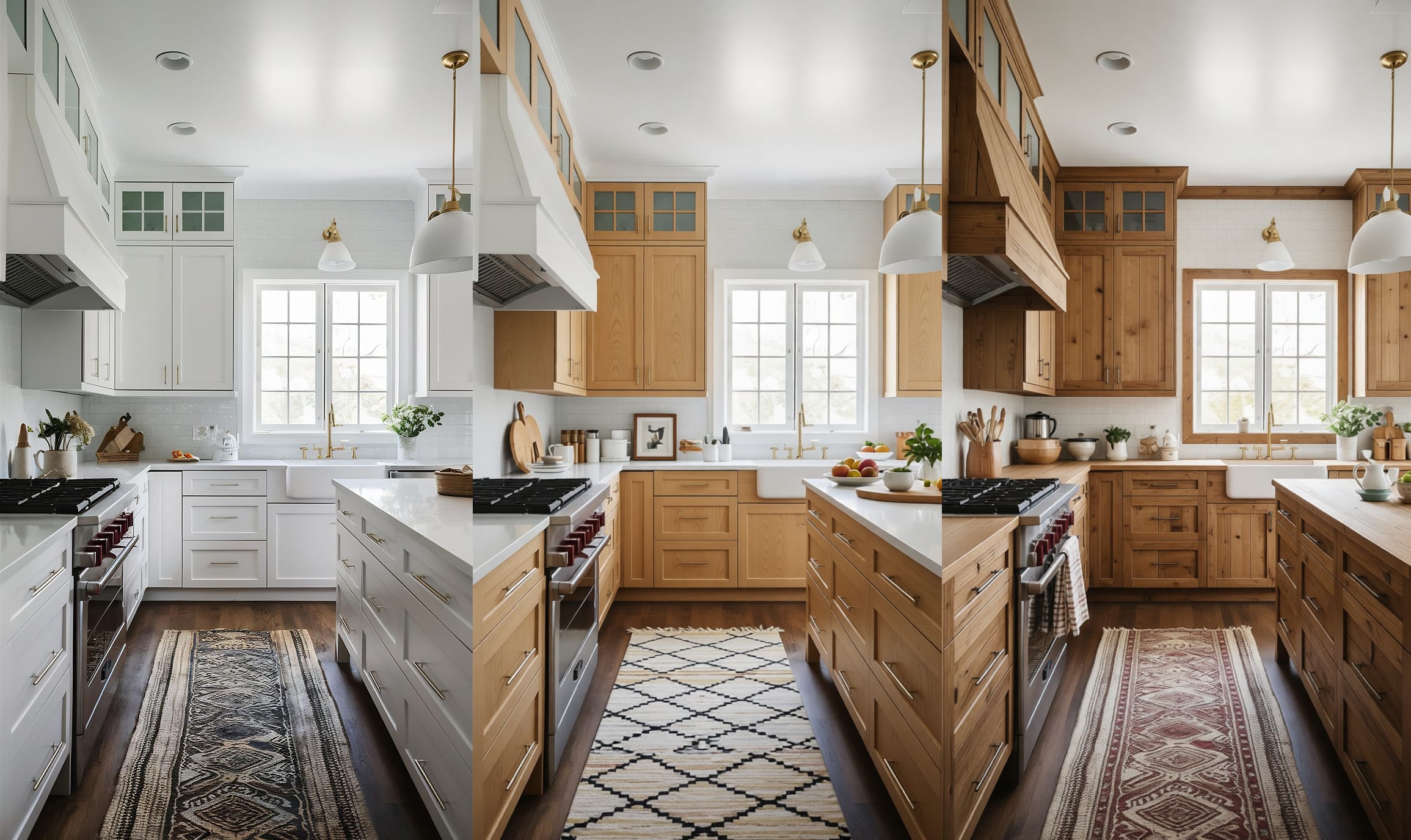 A three-panel comparison showing the same kitchen space redesigned in three modern sub-styles: All-white Modern, Japandi, and Modern Farmhouse. AI-generated using DecorAI