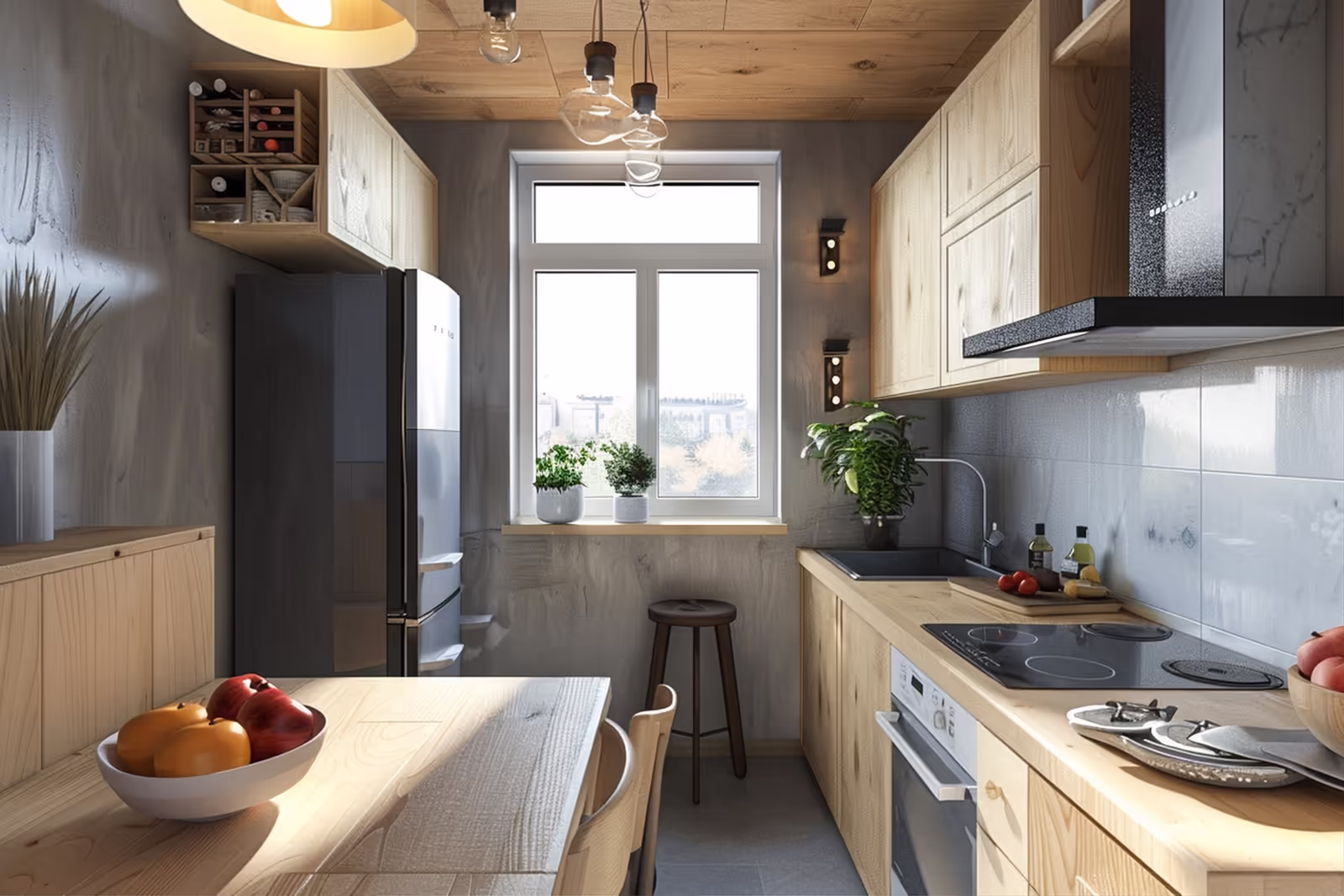 Small Kitchen Design - An AI-generated small kitchen with wooden counters, table, chair, refrigerator, a window.