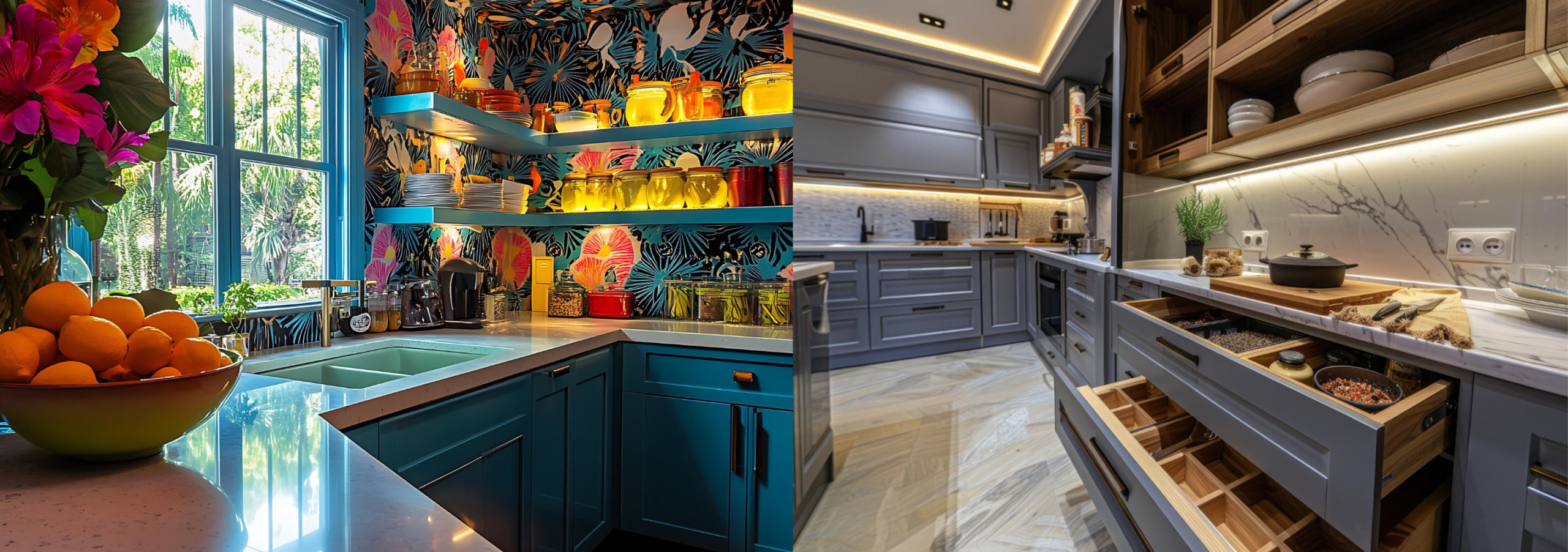 AI-generated: a split image showing a trendy kitchen on the left (all-open shelving, heavy patterned tile, glossy surfaces) and a timeless kitchen on the right (Shaker cabinets, natural stone, selective open shelving as accent)